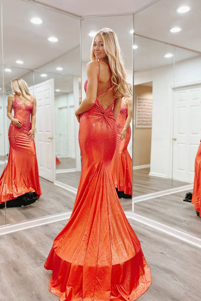 Cute Mermaid V Neck Rust Red Prom Dress with Hot Stone VK13111601