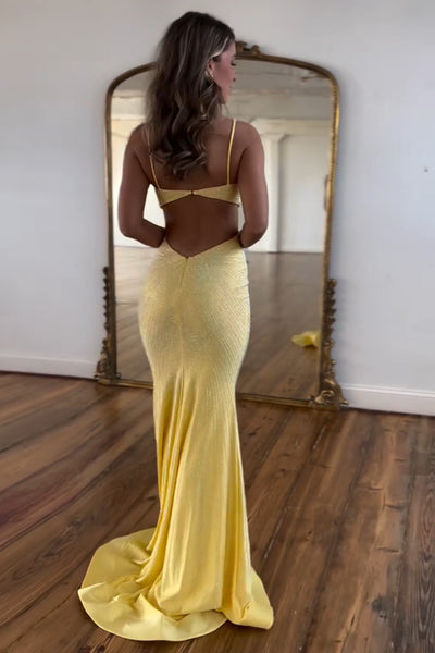 Charming Mermaid V Neck Yellow Satin Long Prom Dresses with Beading VK24102006