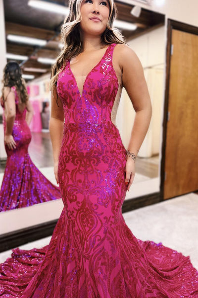 Cute Mermaid V Neck Dark Red Sequin Lace Long Prom Dresses VK24021404