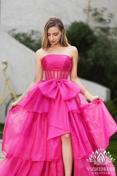 Cute Ball Gown Strapless Pink Tiered Organza Long Prom Dresses with Bow VK24121112