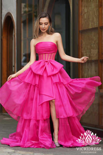 Cute Ball Gown Strapless Pink Tiered Organza Long Prom Dresses with Bow VK24121112