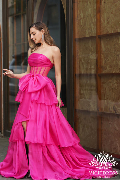 Cute Ball Gown Strapless Pink Tiered Organza Long Prom Dresses with Bow VK24121112