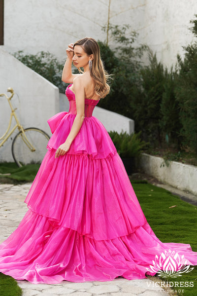 Cute Ball Gown Strapless Pink Tiered Organza Long Prom Dresses with Bow VK24121112