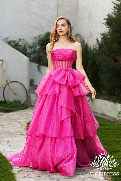 Cute Ball Gown Strapless Pink Tiered Organza Long Prom Dresses with Bow VK24121112