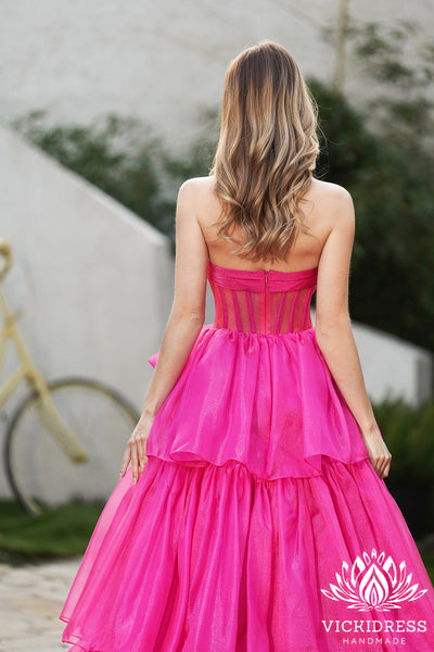 Cute Ball Gown Strapless Pink Tiered Organza Long Prom Dresses with Bow VK24121112