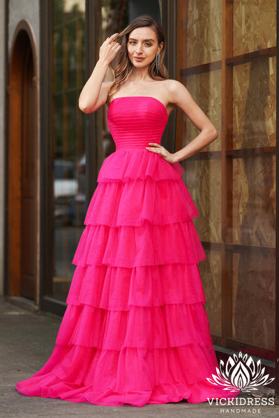 Cute A Line Strapless Hot Pink Tiered Tulle Prom Dresses VK24121113