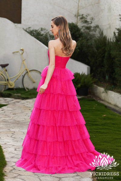 Cute A Line Strapless Hot Pink Tiered Tulle Prom Dresses VK24121113