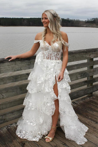 White Off the Shoulder Ruffle Tiered Tulle Long Prom Dresses with Slit VK24032801