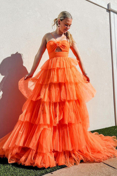 Cute Ball Gown Straps Orange Tiered Tulle Prom Dresses VK24102212