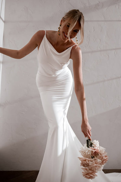 Mermaid Cowl Neck White Silk Satin Wedding Dresses VK021704