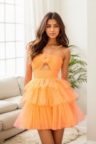 Cute A Line Straps Orange Tulle Short Homecoming Dresses VK073117