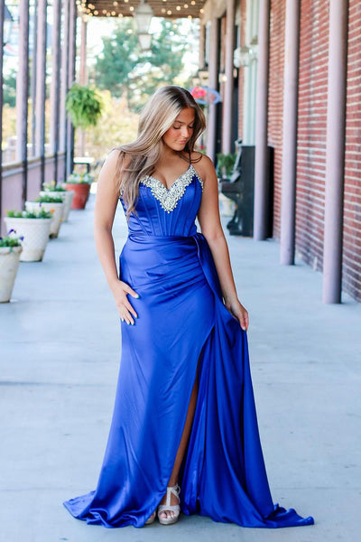 Cute Mermaid V Neck Royal Blue Satin Slit Prom Dresses with Beading