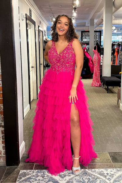 Fuchsia V Neck Ruffle Tiered Tulle Long Prom Dress with Appliques VK24050401