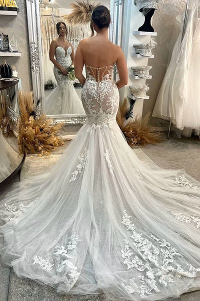 Charming Mermaid Sweetheart Tulle Wedding Dresses with Appliques VK073158