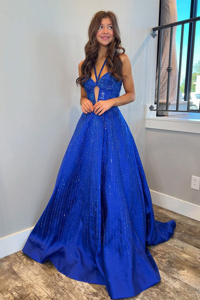 Cute A Line V Neck Royal Blue Satin Prom Dresses with Beading