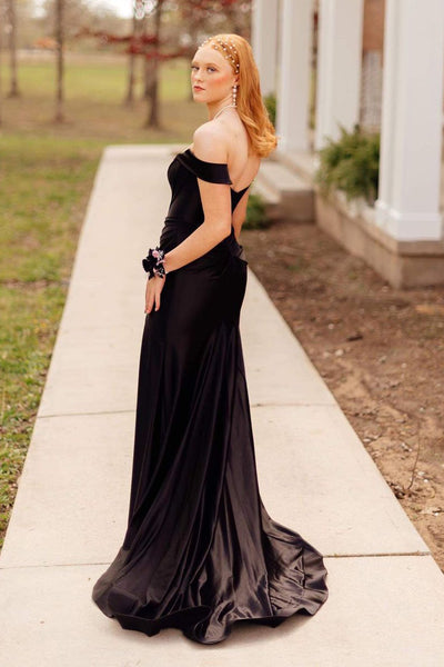 Black Off the Shoulder Satin Mermaid Long Prom Dresses with Slit VK24051703