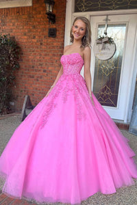 A-Line Strapless Pink Tulle Long Prom Dresses with Appliques VK022305