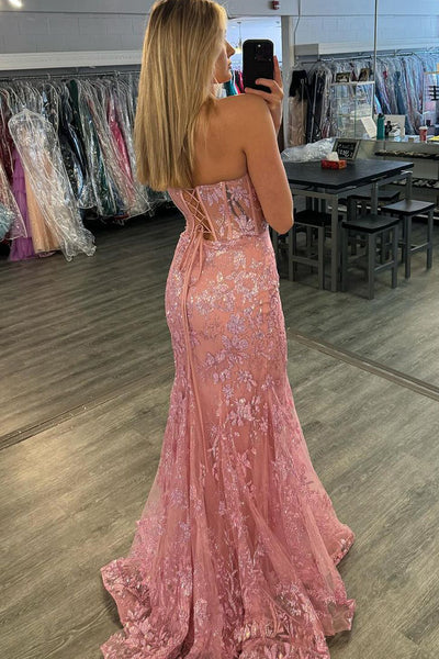 Pink Strapless Lace Mermaid Long Prom Dresses VK24022403