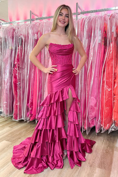 Cute Mermaid Strapless Pink Satin Slit Prom Dresses with Appliques VK0203