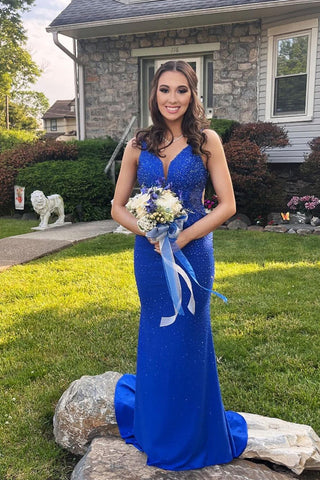 Cute Mermaid V Neck Royal Blue  Long Prom Dresses with Beading