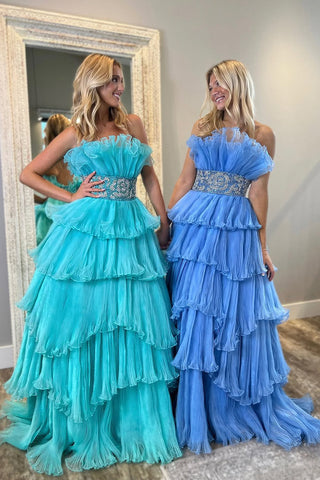 Cute Ball Gown Strapless Organza Pleant Tiered Prom Dresses with Beading VK1312813