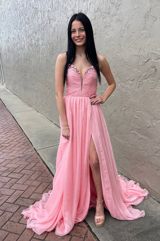 Cute A Line V Neck Pink Chiffon Slit Prom Dresses with Beading VK24112218