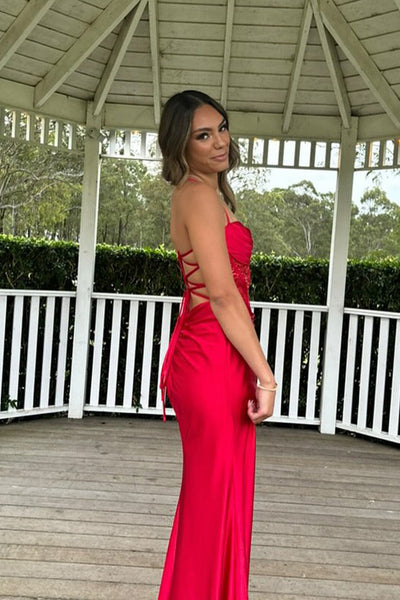 Cute Mermaid Scoop Neck Red Satin Slit Prom Dresses with Appliques VK130613