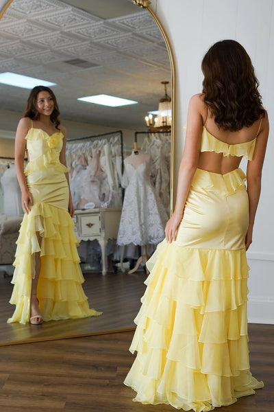 Mermaid Spaghetti Straps Yellow Ruffle Chiffon Long Prom Dresses with Slit VK021410