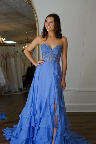 Cute A Line Sweetheart Dusty Blue Chiffon Long Prom Dress with Slit VK020303
