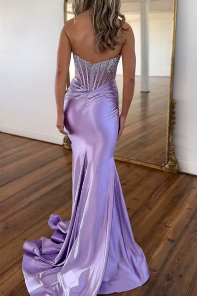 Sparkly Mermaid Strapless Lavender Satin Long Prom Dresses VK24102224