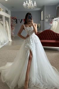 Fashion Square Neck Tulle Long Wedding Dresses with Appliques