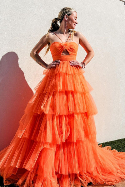 Cute Ball Gown Straps Orange Tiered Tulle Prom Dresses VK24102212