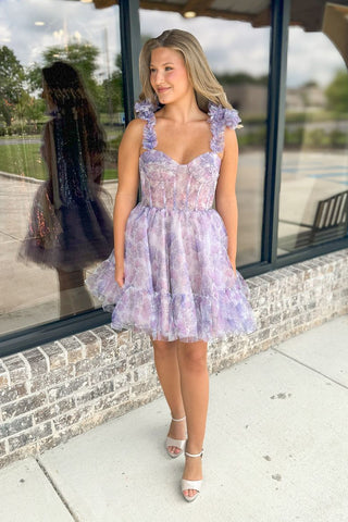 Cute A-Line Sweetheart Lilac Floral Printed Short Homecoming Dresses VK24062105