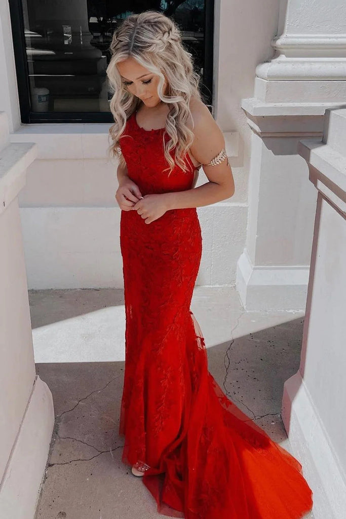 Red Strapless Lace Long Prom Dress, Mermaid Evening Party Dress