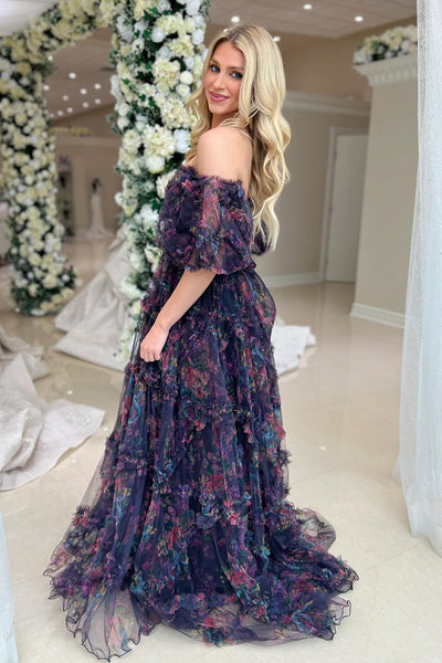 Floral Printed Ruffle Off the Shoulder Long Prom Dresses VK24051001