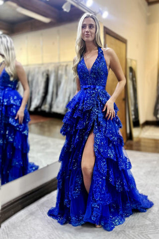 Gorgeous A Line V Neck Royal Blue Tiered Tulle Prom Dress with Slit VK25010209