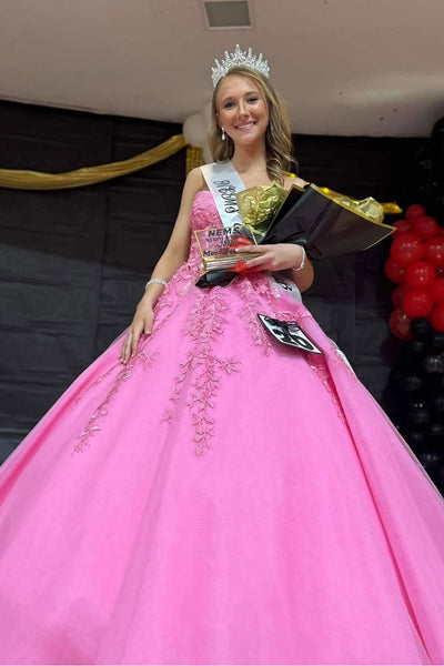 A-Line Strapless Pink Tulle Long Prom Dresses with Appliques VK022305