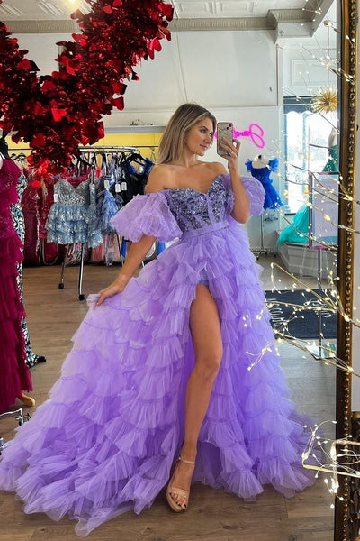 A-Line Off the Shoulder Lilac Ruffle Tulle Long Prom Dresses VK24030801