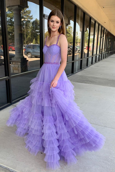 Lilac Sweetheart Ruffle Tulle A-Line Long Prom Dresses with Beading VK24041001