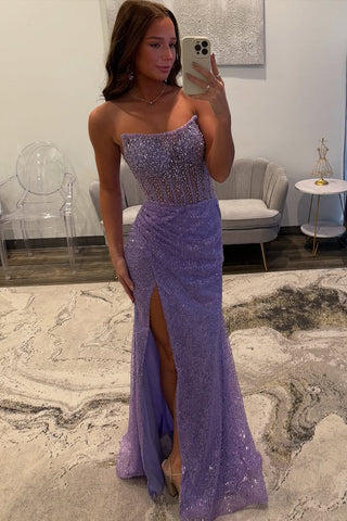 Mermaid Strapless Lavender Sequin Long Prom Dresses with Slit VK021505