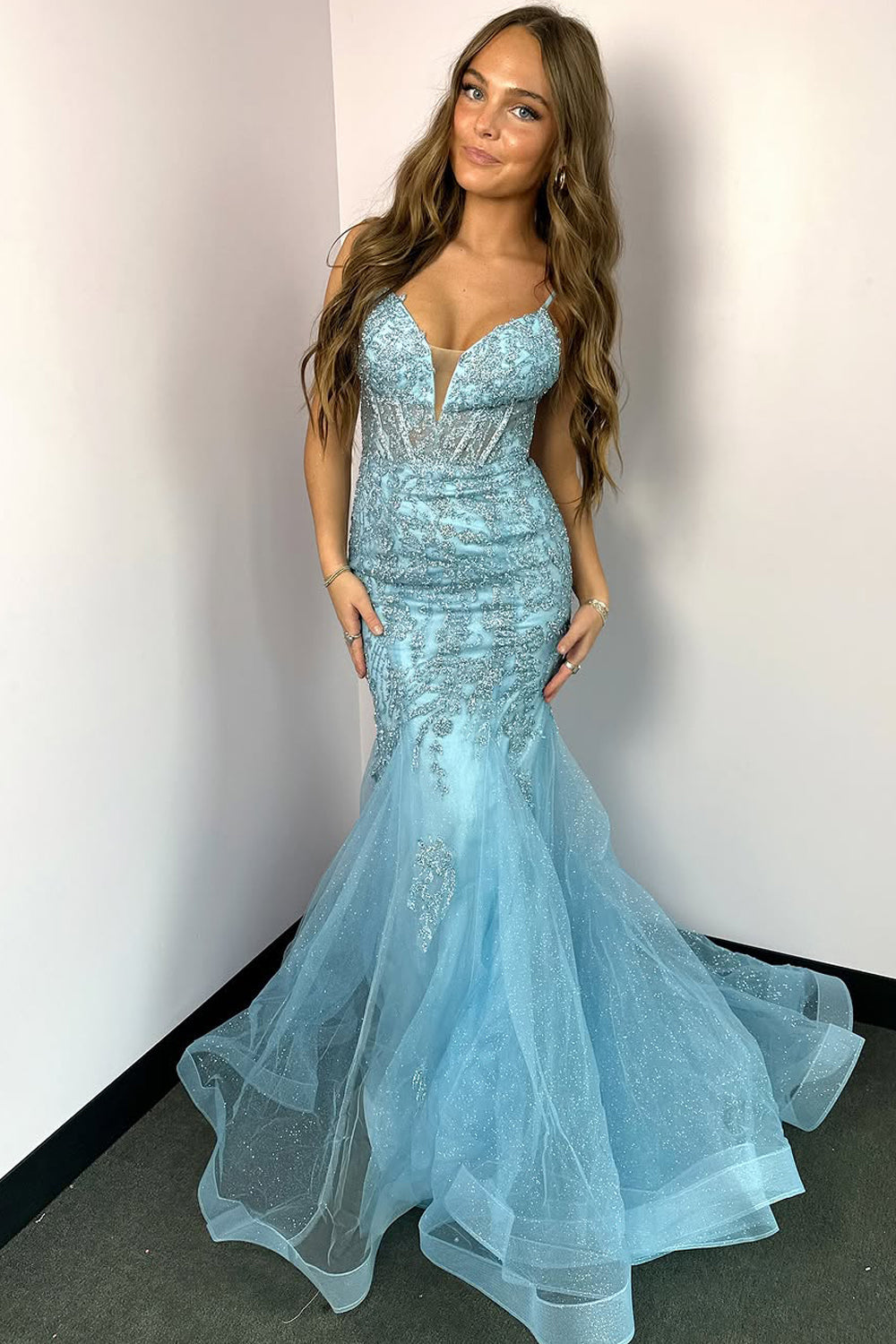 Charming Mermaid V Neck Blue Lace Prom Dress with Beading VK130609