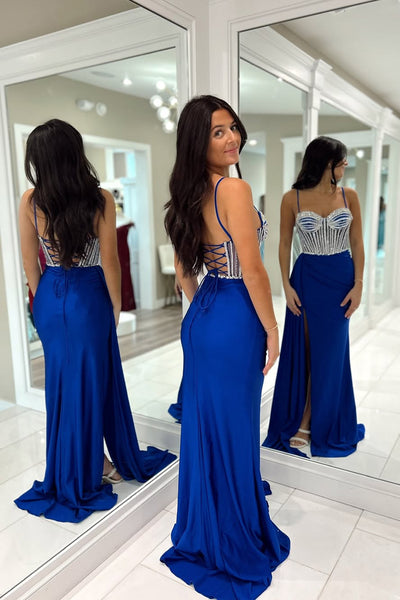 Meramid Sweetheart Royal Blue Satin Prom Dress with Beading VK25010602