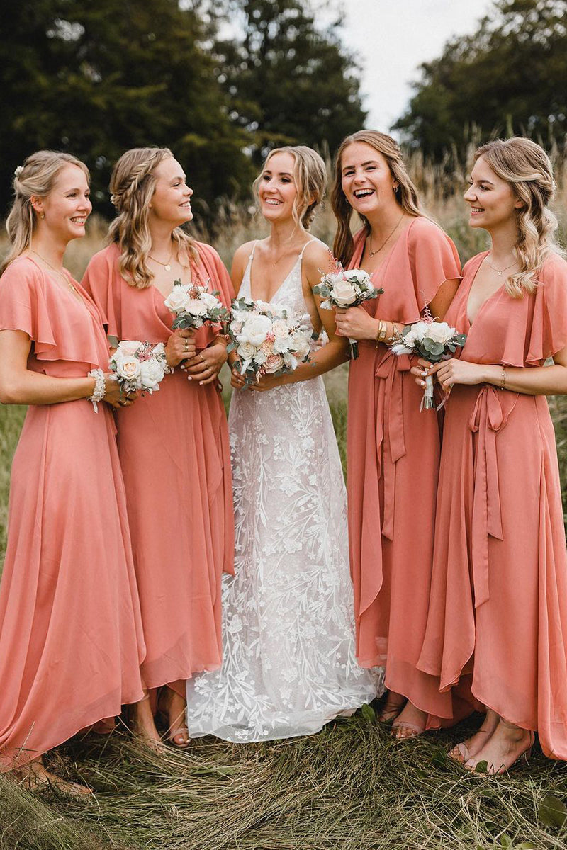 Coral bridesmaid dresses for beach wedding best sale