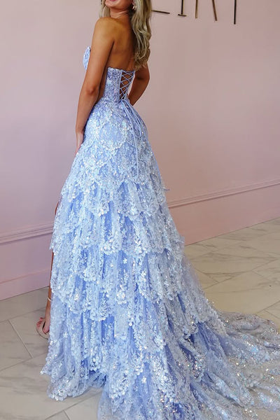 A-Line Strapless Lavender Sequin Lace Ruffle Tiered Long Prom Dresses with Slit VK021403