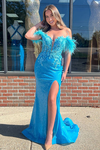 Cute Mermaid Off the Shoulder Sequins Feather Prom Dresses with Appliques