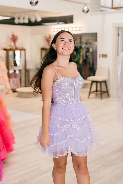 Cute A Line V Neck Lavender Tiered Tulle Beaded Homecoming Dresses VK24110702