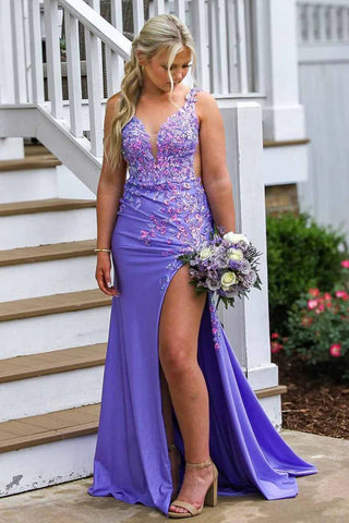 Cute Mermaid V Neck Purple Satin Slit Prom Dresses with Appliques