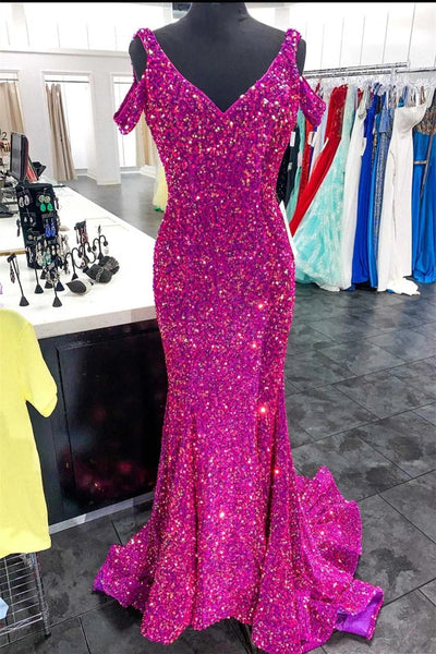 Mermaid Off-the-Shoulder Fuchsia Sequins Long Prom Dress VK23121803