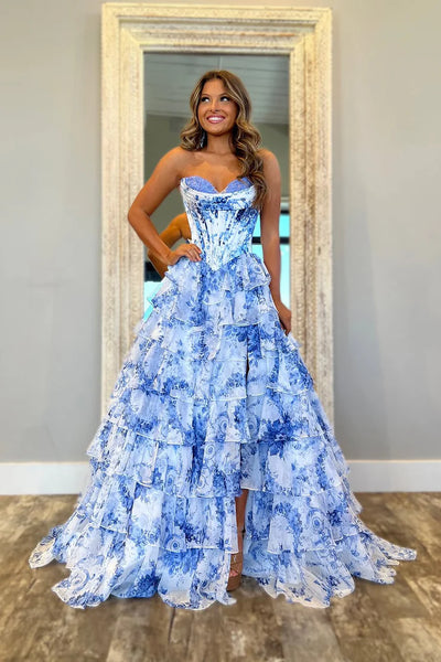 Cute A Line Sweetheart Blue Floral Chiffon Tiered Prom Dress with Slit VK25013101