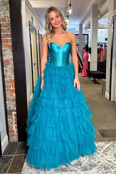 Blue Sweetheart Tiered Tulle Long Prom Dresses with Slit VK24022902